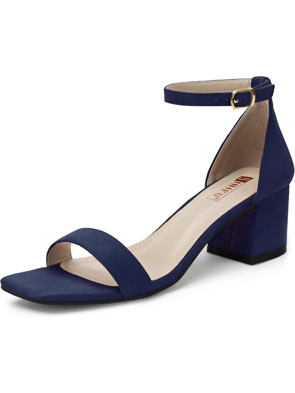 Women's Navy Blue Suede Chunky Block Low Short Heels Sandals Square Open Toe